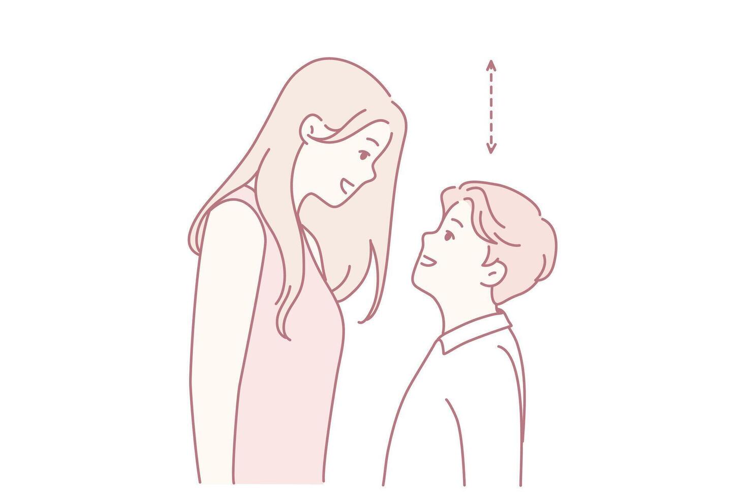 adult and child engaging in cheerful height comparison scene, whimsical drawing showcasing grownup and child playfully assessing height differences with loving interaction vector
