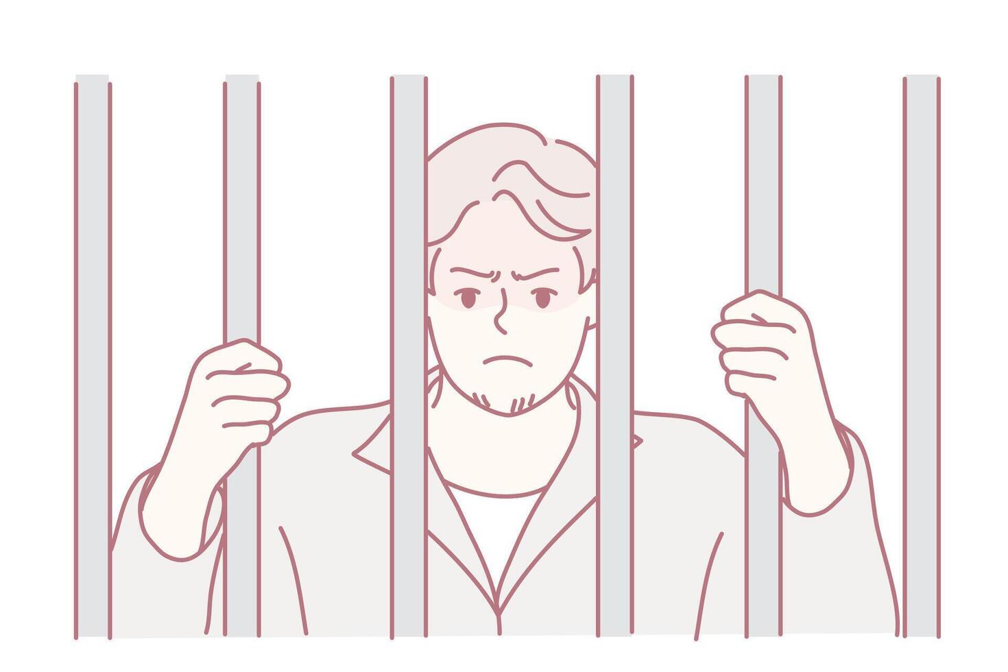man behind prison bars looking distraught, sketch illustration of suited professional gripping vertical bars, furrowed brow, downcast gaze, tense hands, muted pastel palette, minimal line vector
