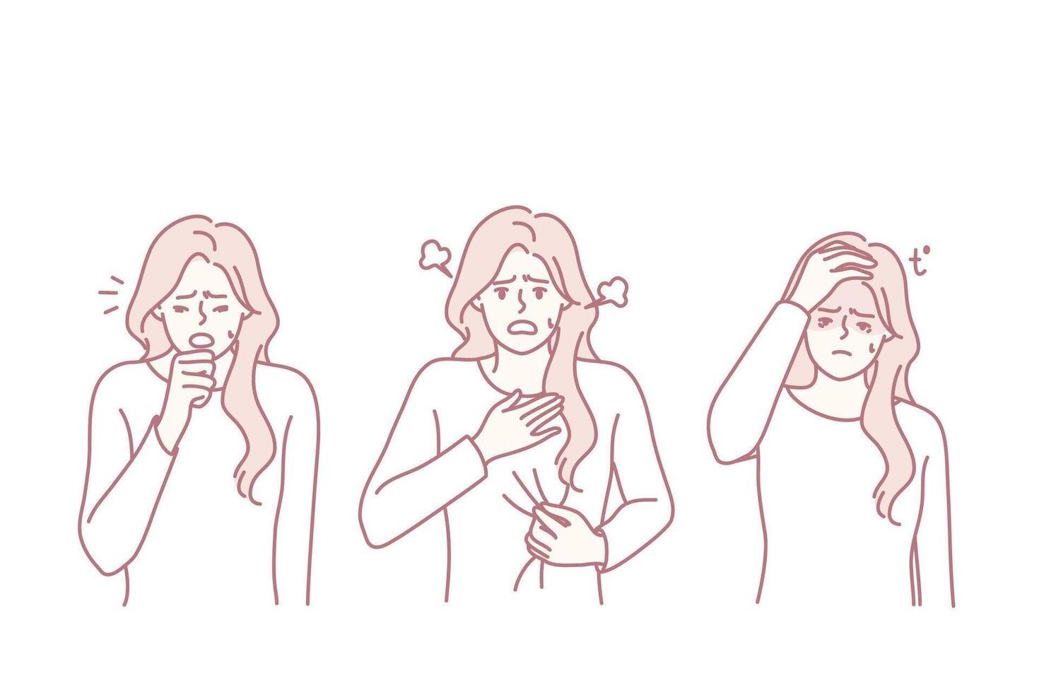 woman displaying sneeze cough and eye rub across three panels, sequence shows symptom progression from sneeze to coughing to eye irritation, seasonal allergy or cold scenario, soft vector