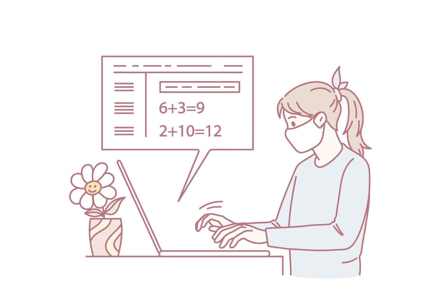 Sick girl in facemask study online on computer vector