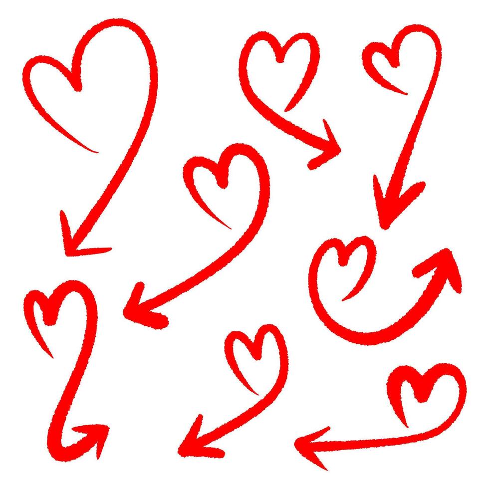 Handdrawn red heart arrows pointing in various directions on a white background conveying love and direction with a playful artistic touch vector