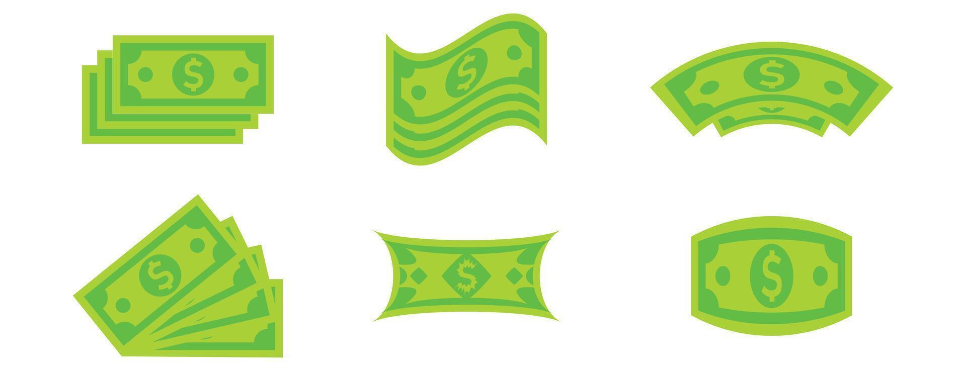 flat design green currency note illustrations set, various stacks and shapes of paper money symbols, financial wealth concept vector