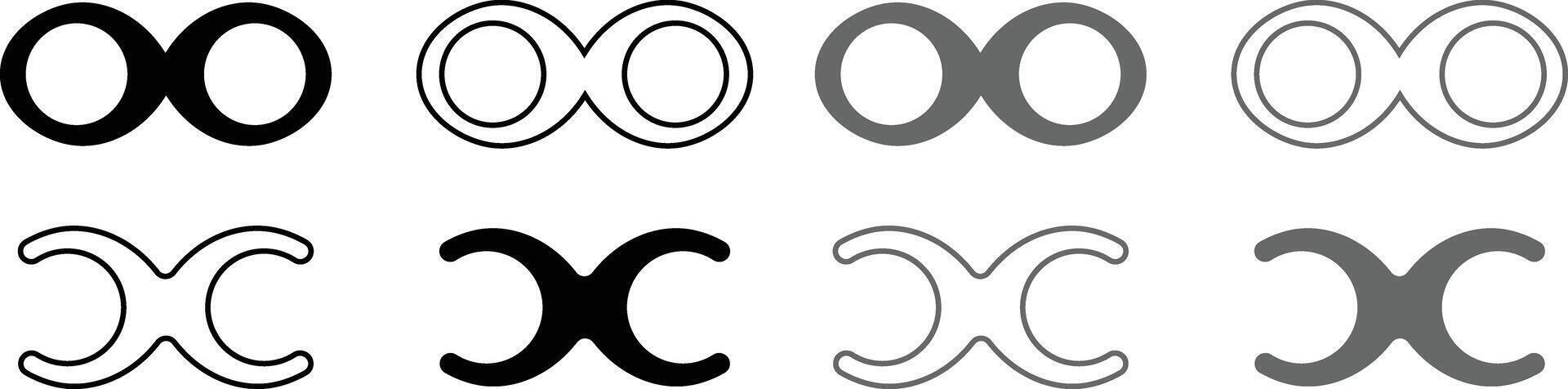 infinity loop symbols in different styles, continuous motion or endless concept icons, black and gray outline and solid shapes vector