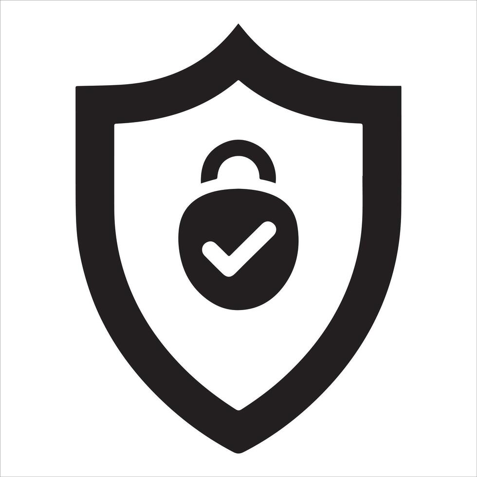 Black shield icon with padlock and checkmark symbol on white background vector