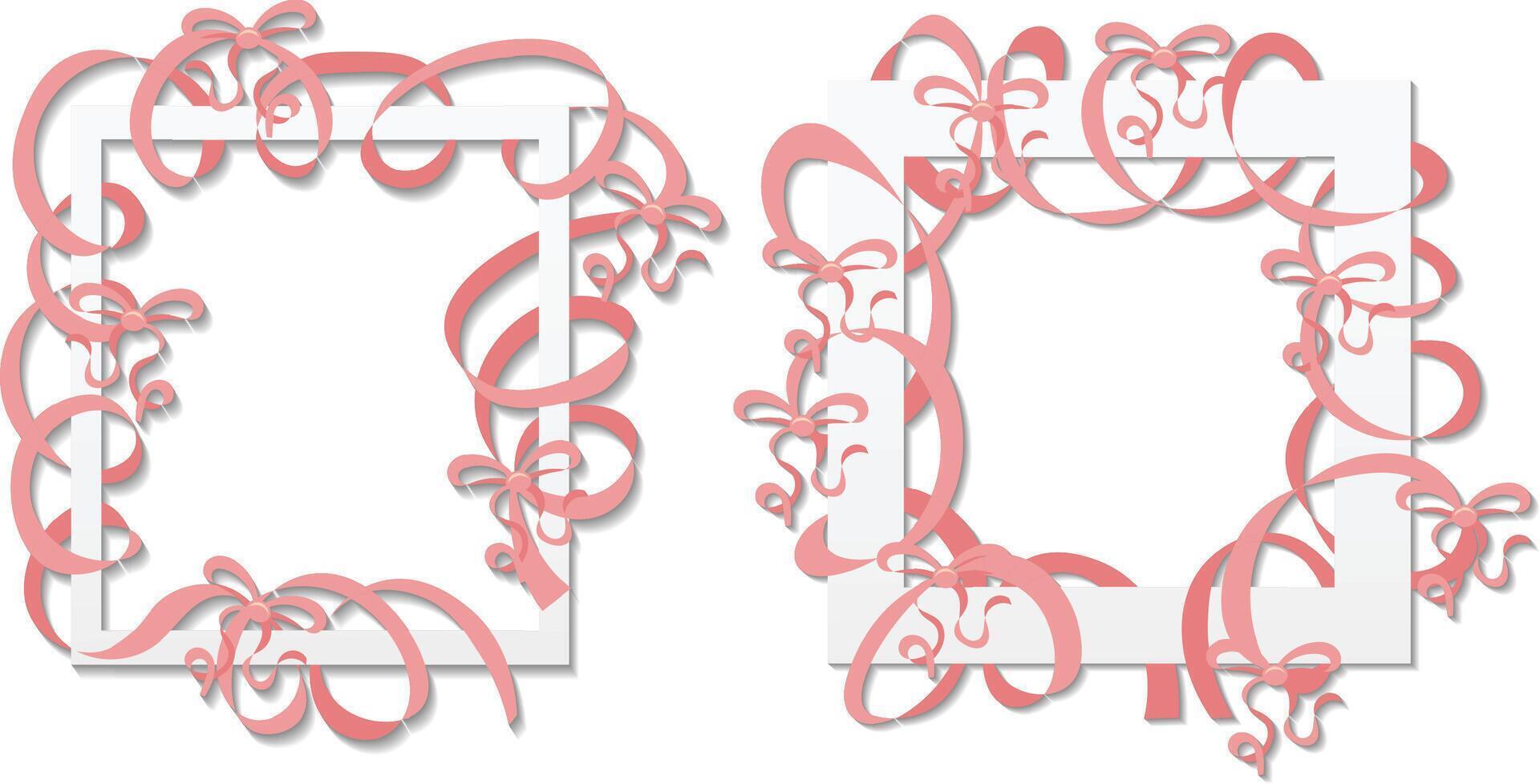 A soft pink ribbon arranged into a square frame with flowing curves and decorative bow accents. vector