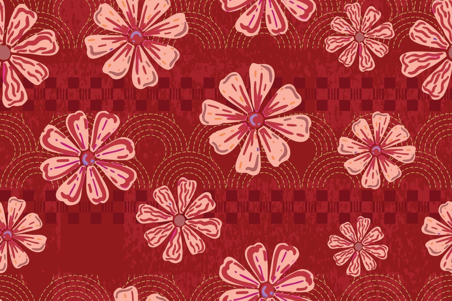 A warm red floral pattern featuring large blossoms and leafy accents in a repeating layout. vector
