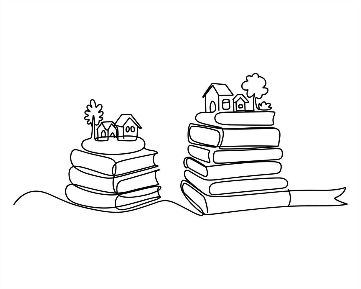 Continuous line art illustration of books with tiny houses and trees vector