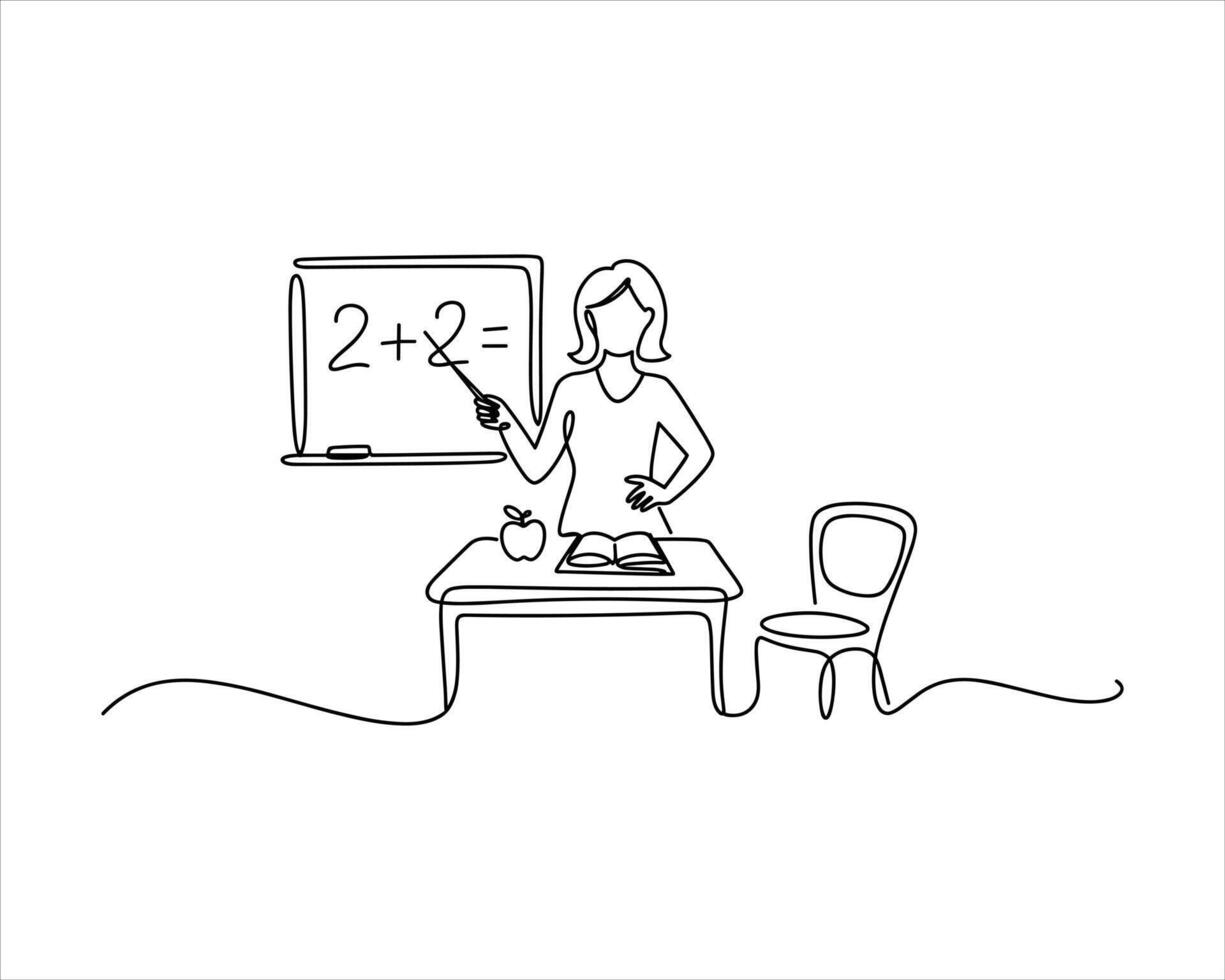Teacher explaining mathematics on a blackboard continuous line drawing design vector