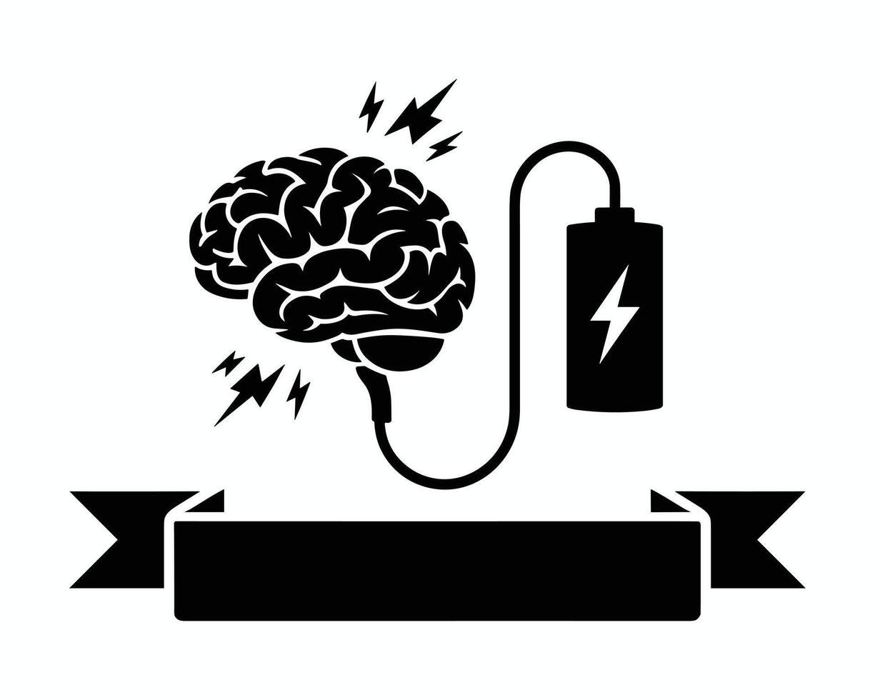 Brain charging concept with battery and banner for text information placement vector