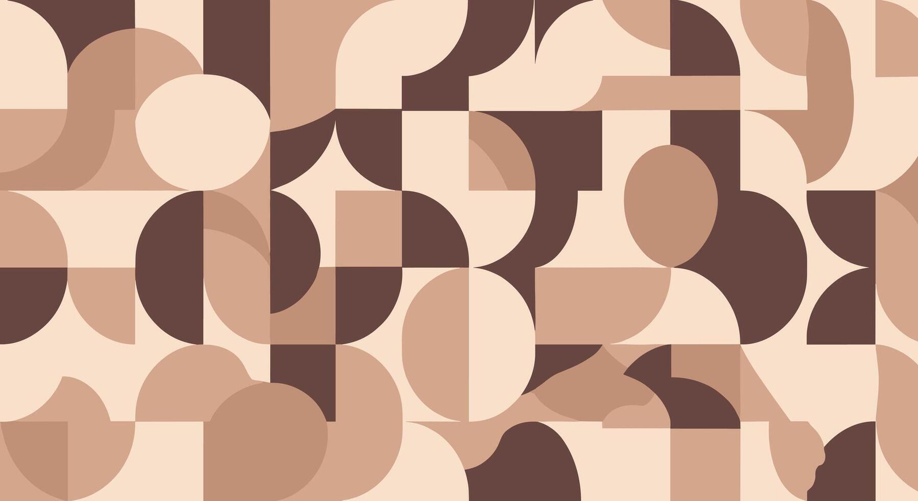 Seamless abstract geometric pattern in warm brown and beige tones, featuring interlocking circles, squares, and arcs for modern design. vector