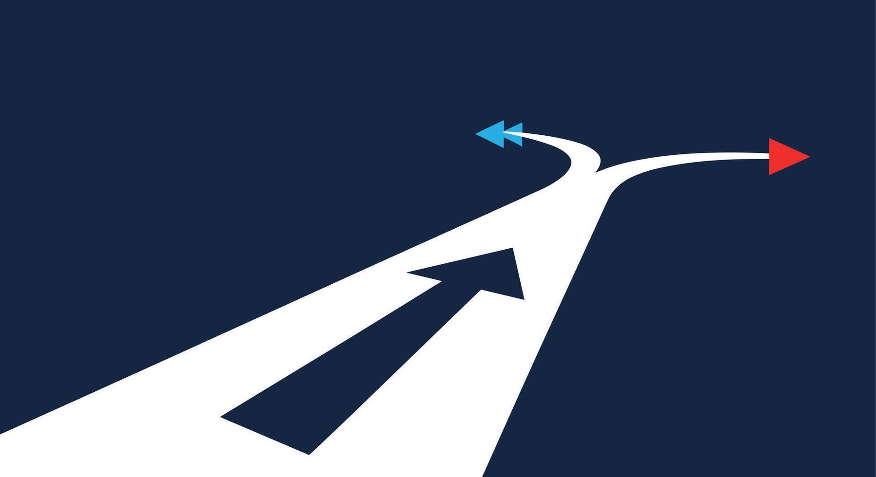 A single path forks into two distinct directions, one leading backward with blue arrows and the other forward with a red arrow, symbolizing critical choices. vector