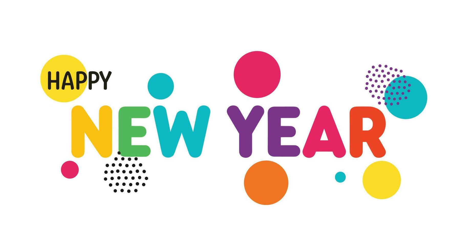 A cheerful and colorful 'Happy New Year' greeting with playful, rounded letters and abstract dot patterns, set against a clean white background. vector