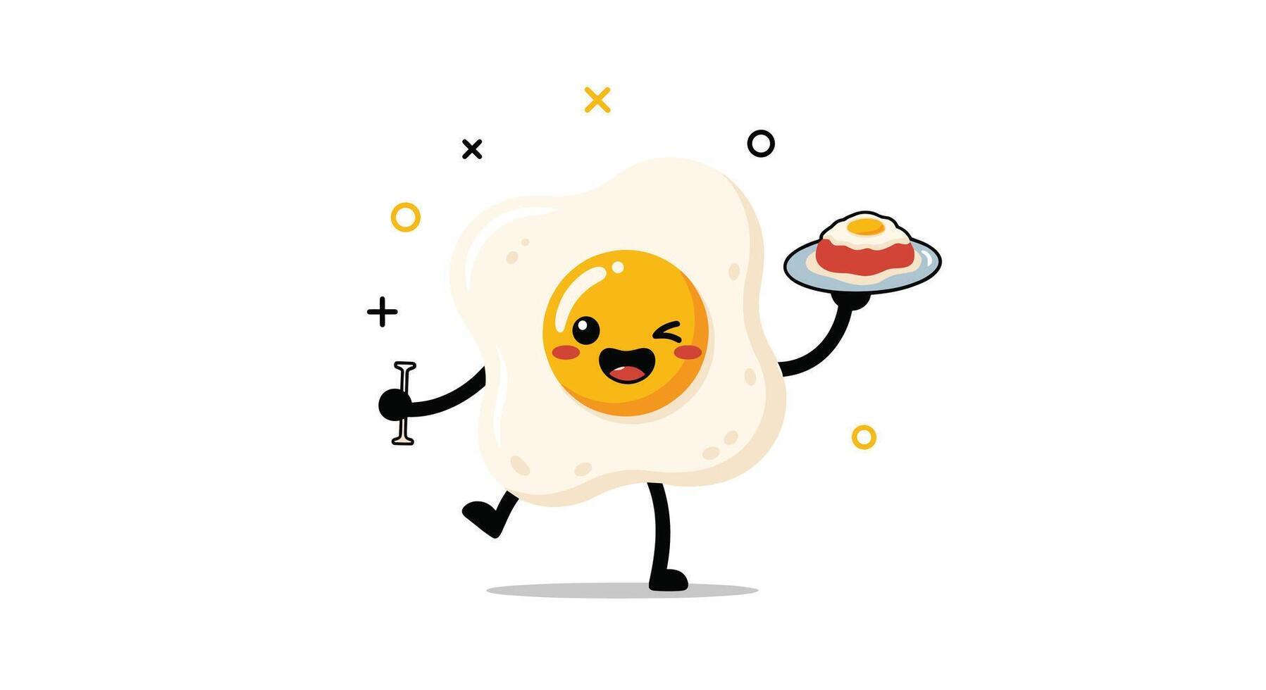 A cheerful cartoon fried egg character winks and smiles, holding a plate with another fried egg, surrounded by playful shapes, perfect for breakfast themes. vector
