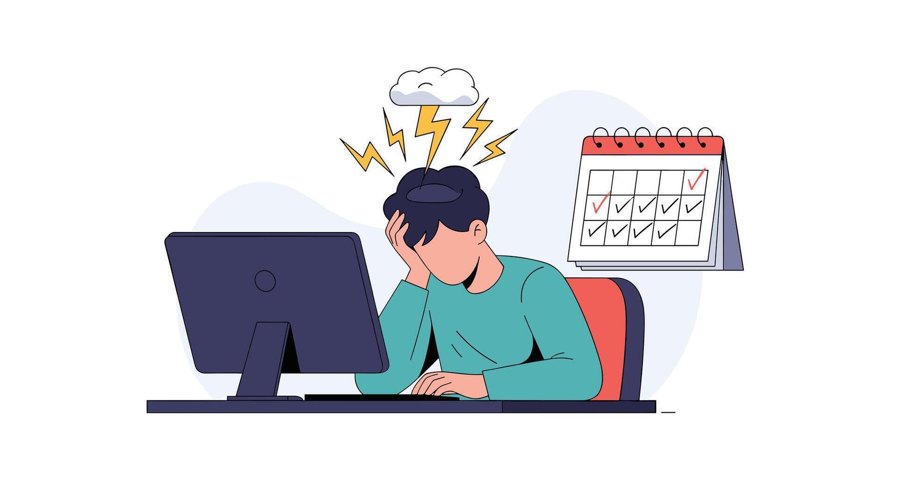 A frustrated worker or student is overwhelmed by stress and deadlines, symbolized by a thundercloud and a calendar full of tasks. vector