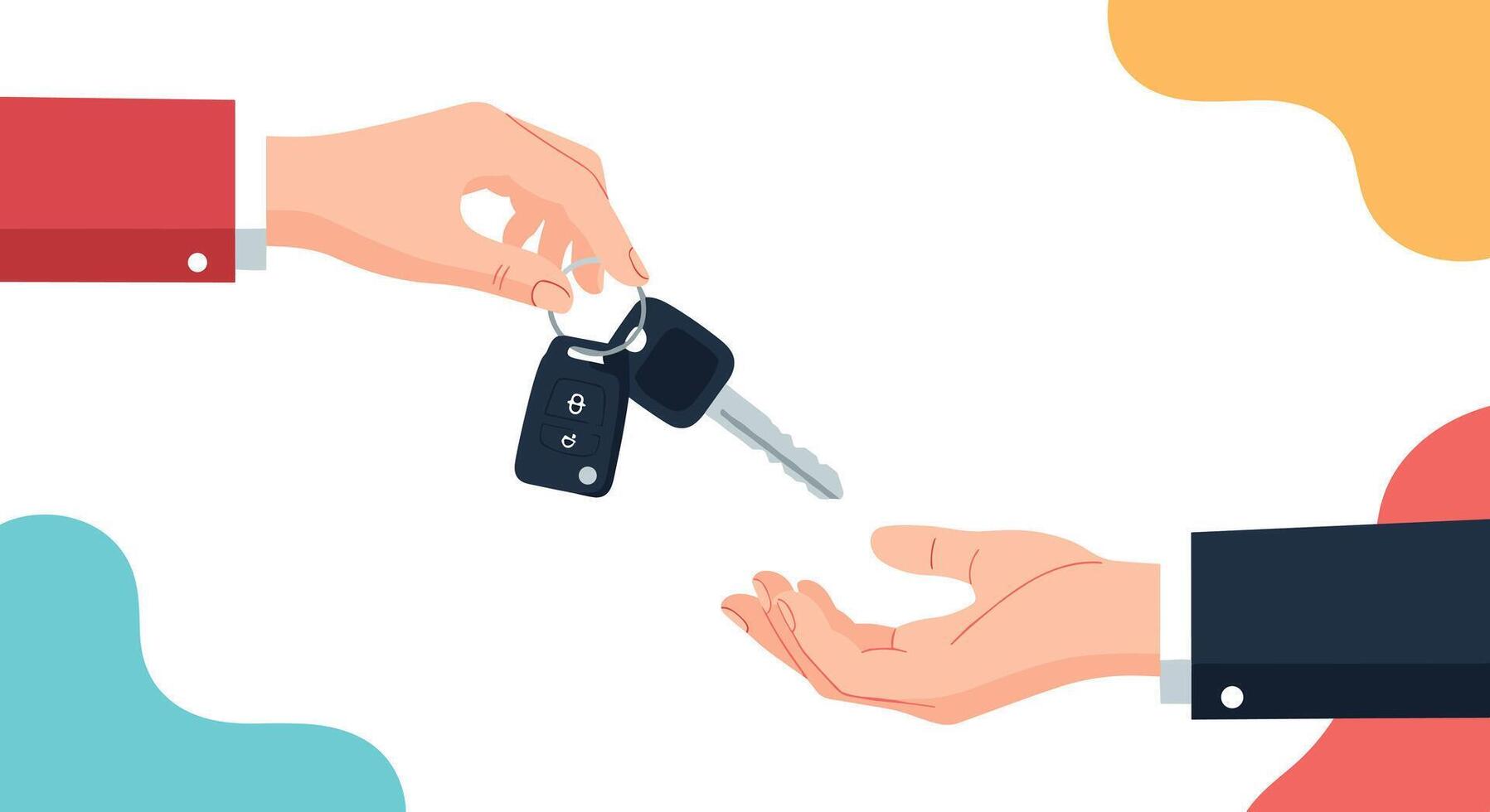 A person's hand hands over a set of car keys with a remote fob to another person's open palm, signifying a vehicle transaction or rental agreement. vector