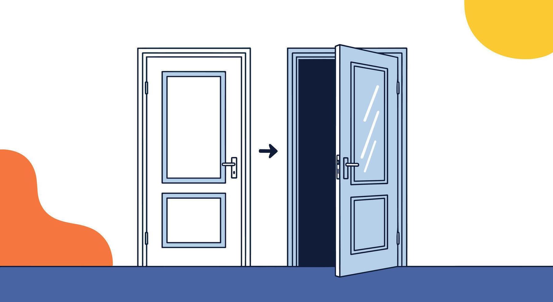 An illustration depicting a closed door transitioning to an open door, symbolizing new opportunities, access, or change. vector