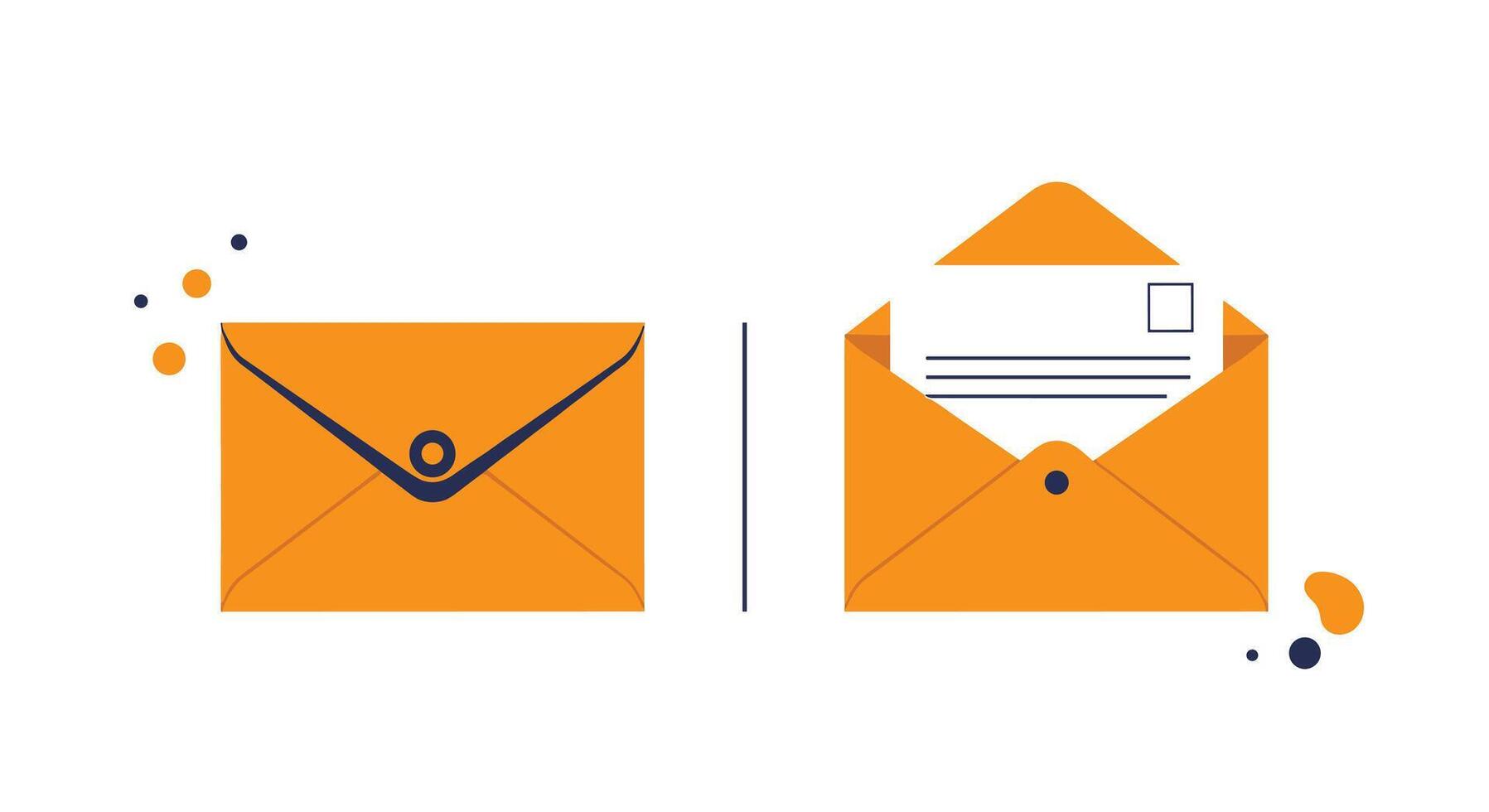 Illustration of two orange envelopes, one closed and sealed, the other open with a letter inside, symbolizing communication and mail. vector
