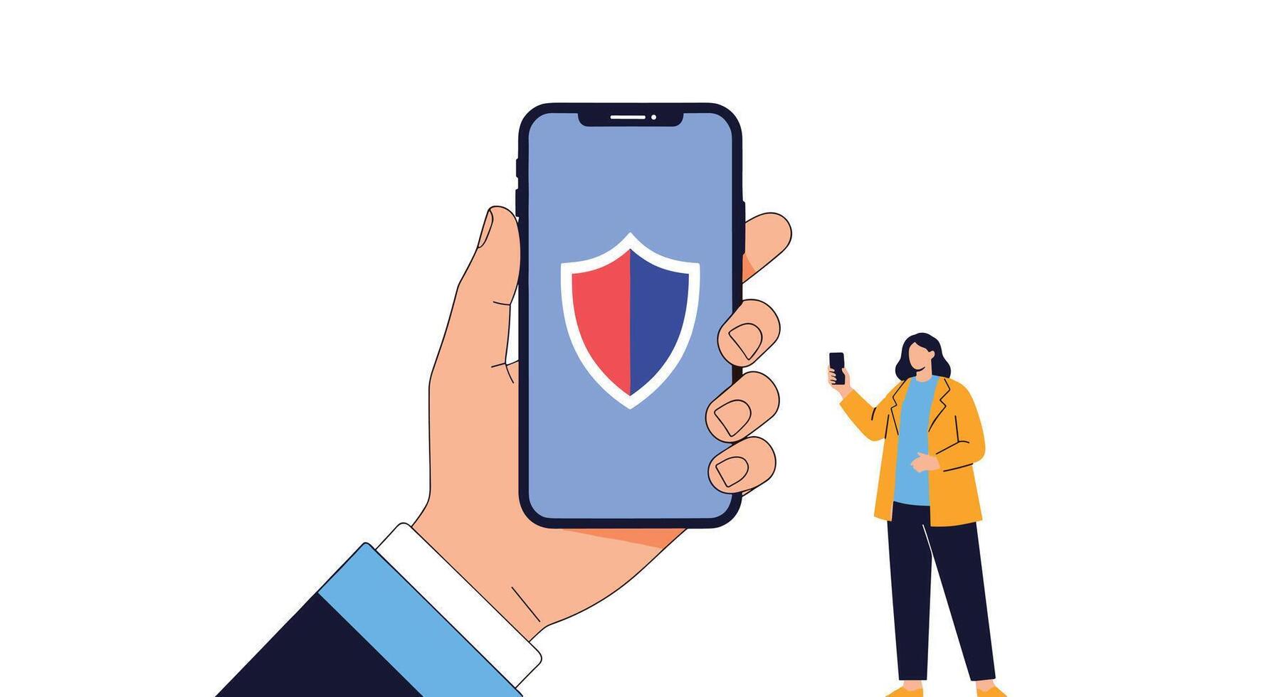 A hand holds a smartphone displaying a prominent shield icon, representing mobile security and digital data protection for users. vector