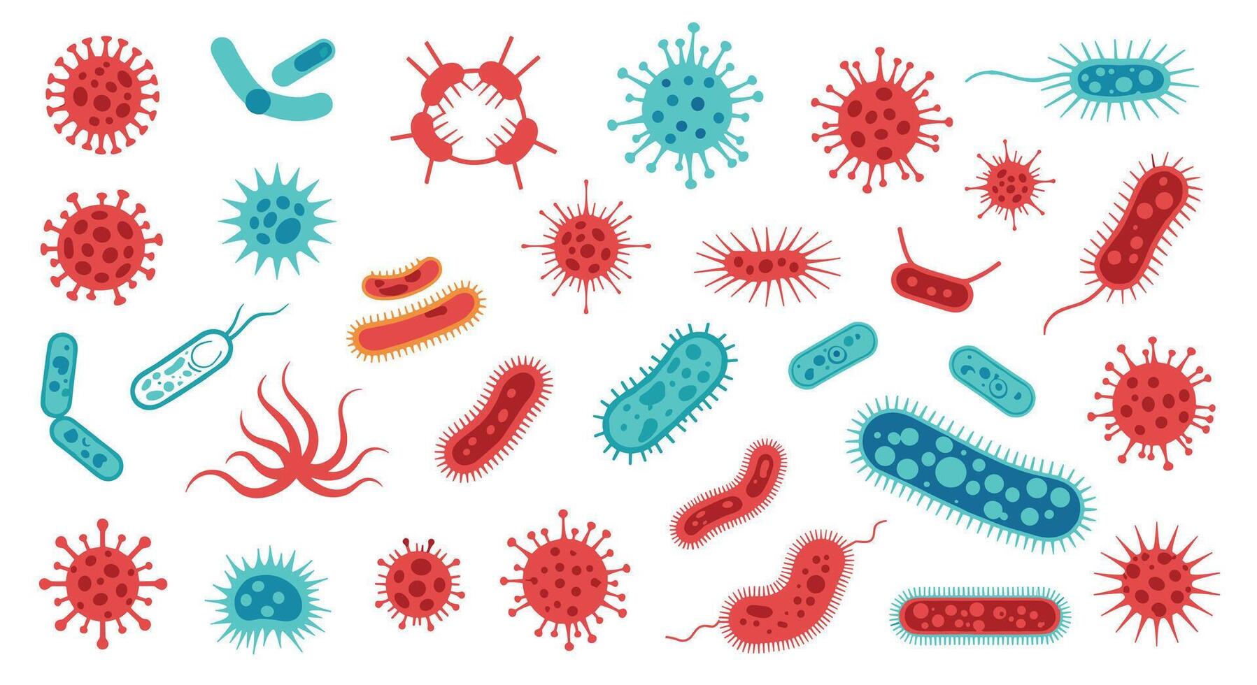 Colorful and diverse collection of stylized microscopic organisms, featuring various shapes and forms of viruses and bacteria for biology and health concepts. vector