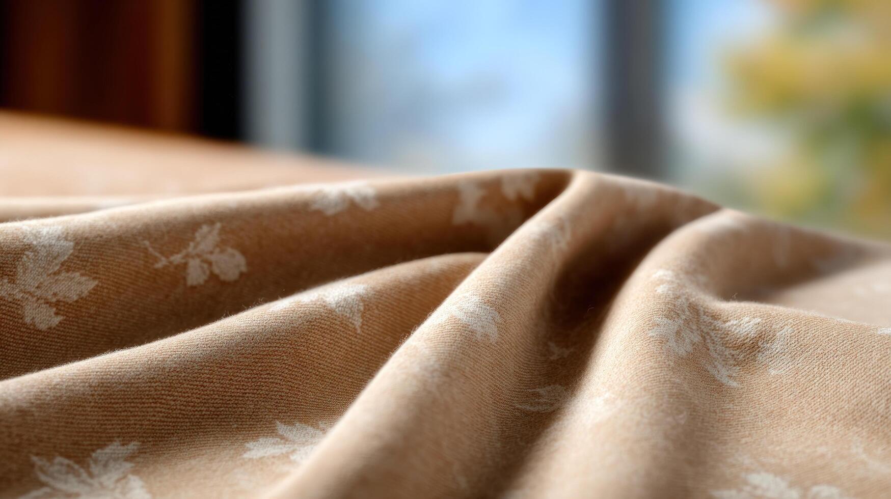 Textile close up with soft folds and leaf pattern beige fabric texture with natural light and blurred background for decor or product presentation photo