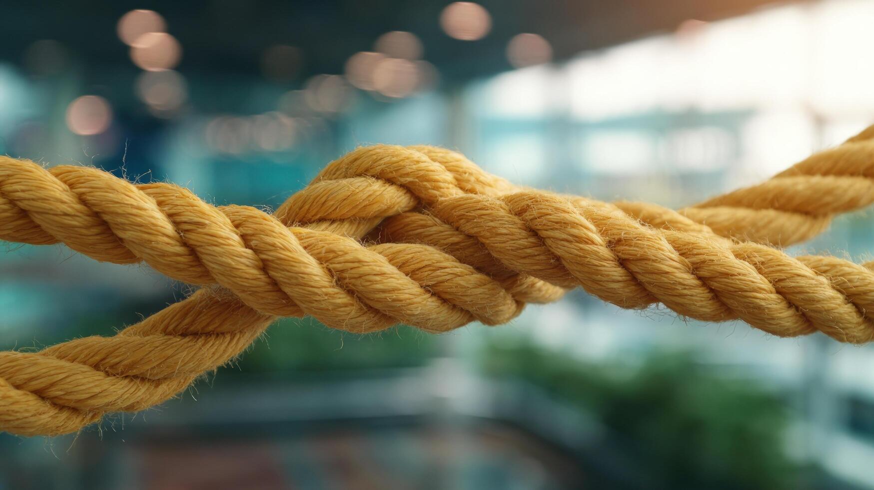 Strong yellow rope tied in a secure knot representing connection partnership and security against a blurred background photo