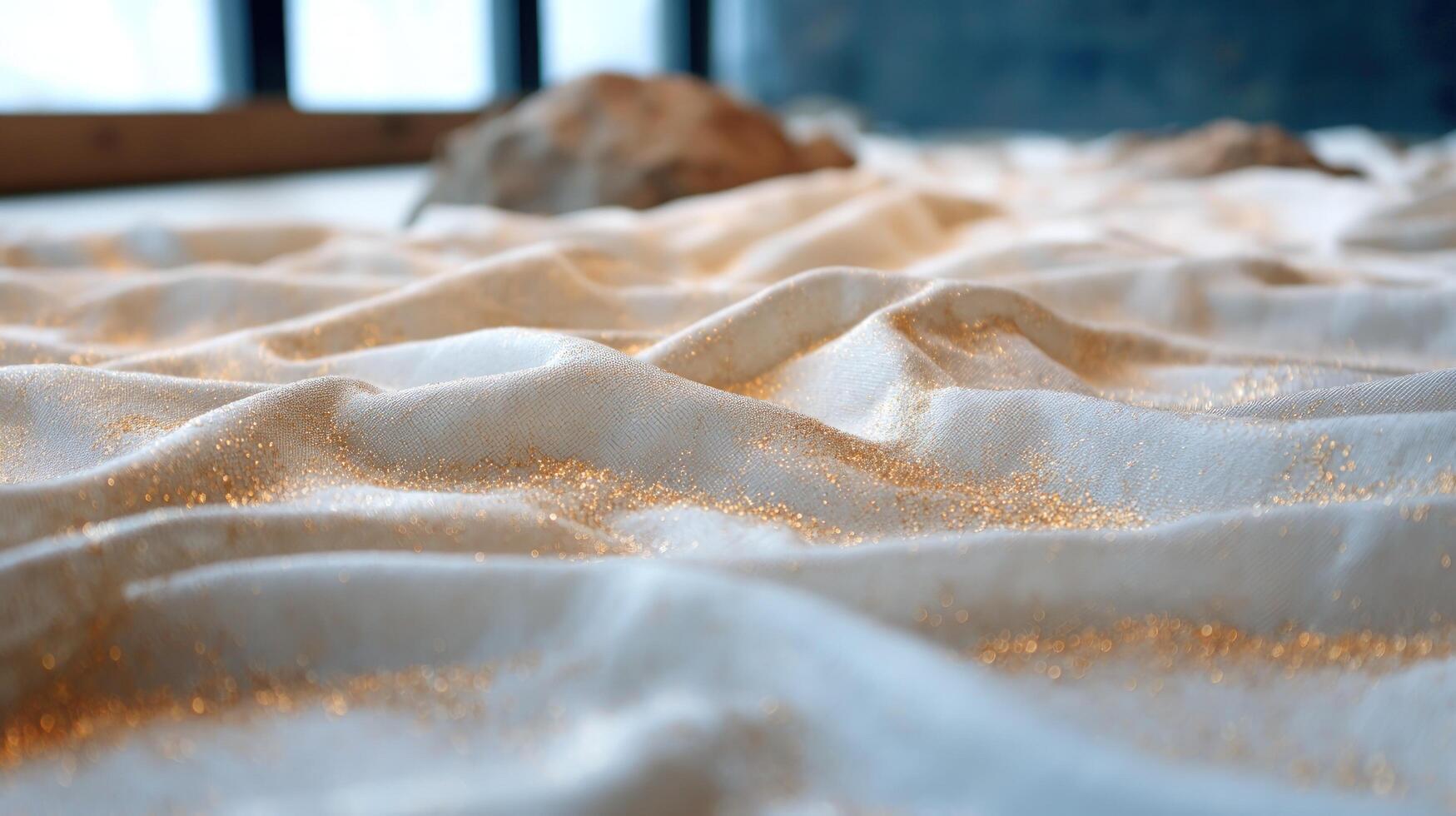 Crumpled fabric texture with golden glitter sparkling in soft light abstract background material pattern photo