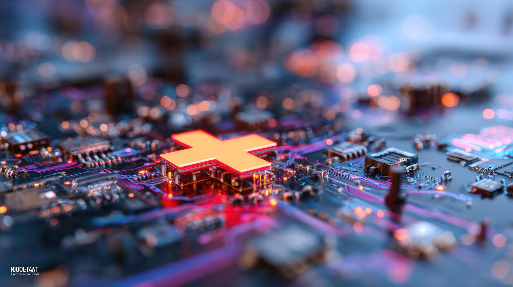 Digital health technology concept with glowing plus sign on intricate circuit board representing medical innovation and technological integration photo