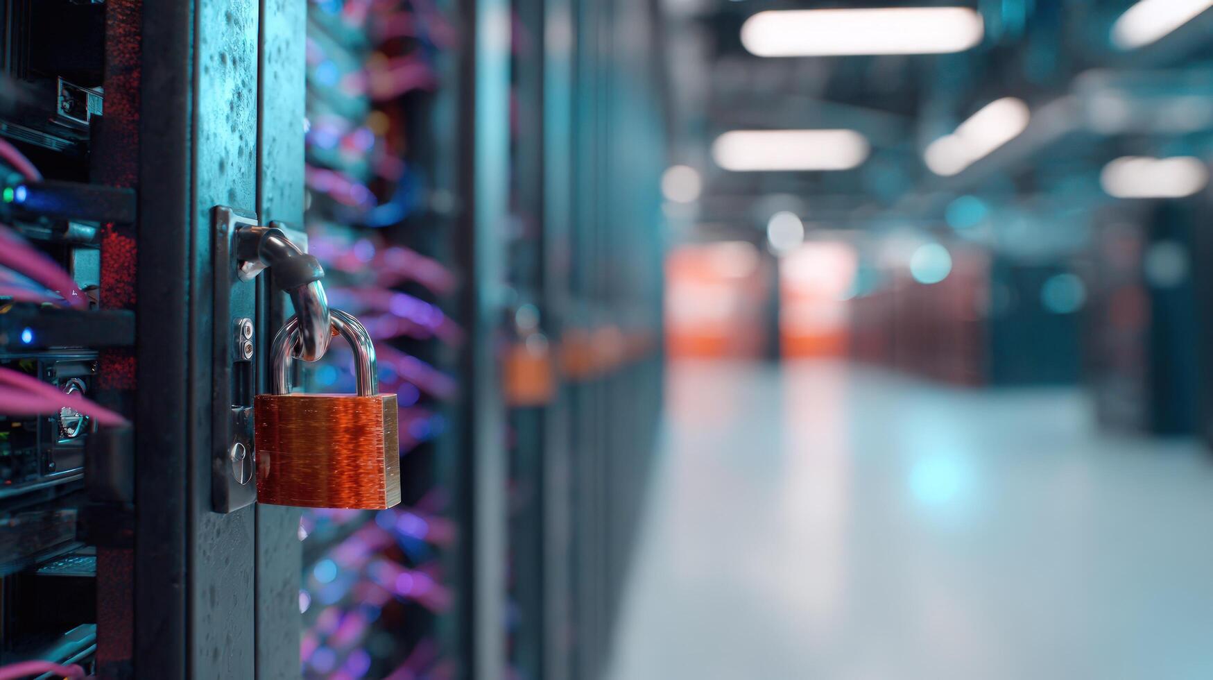 Data center server rack security with padlock digital information protection and it infrastructure network safety photo