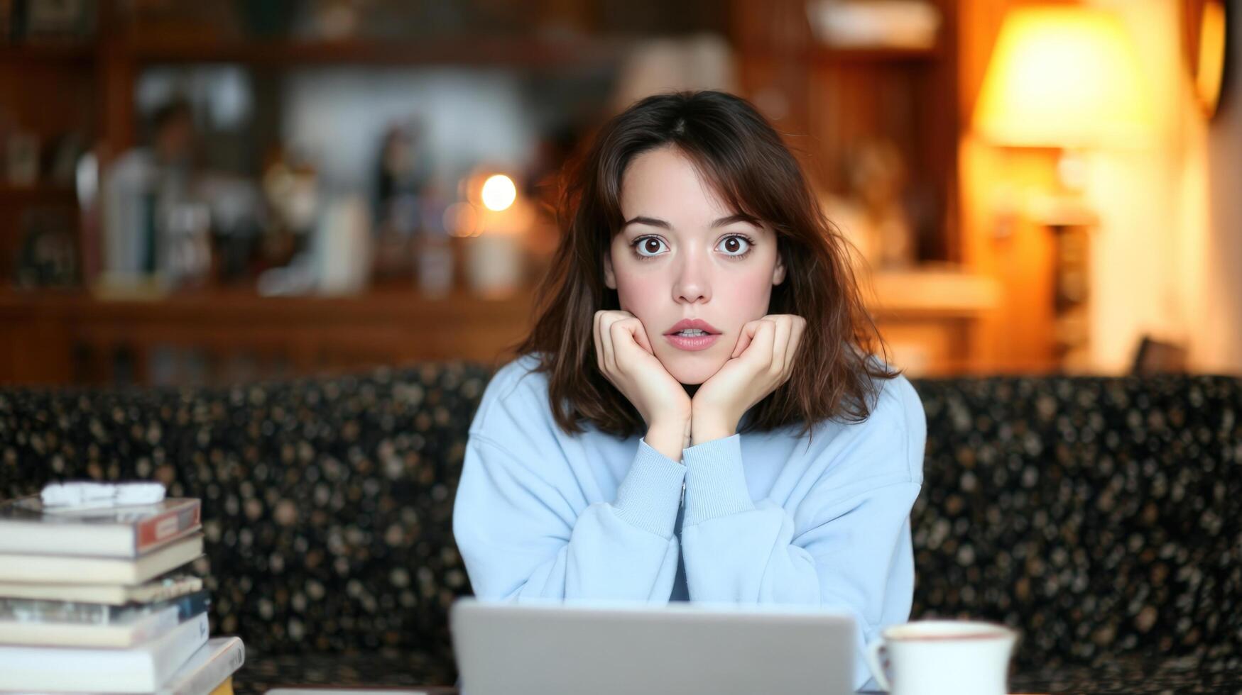 Young woman with a surprised expression looking at camera while using a laptop in a comfortable indoor setting photo