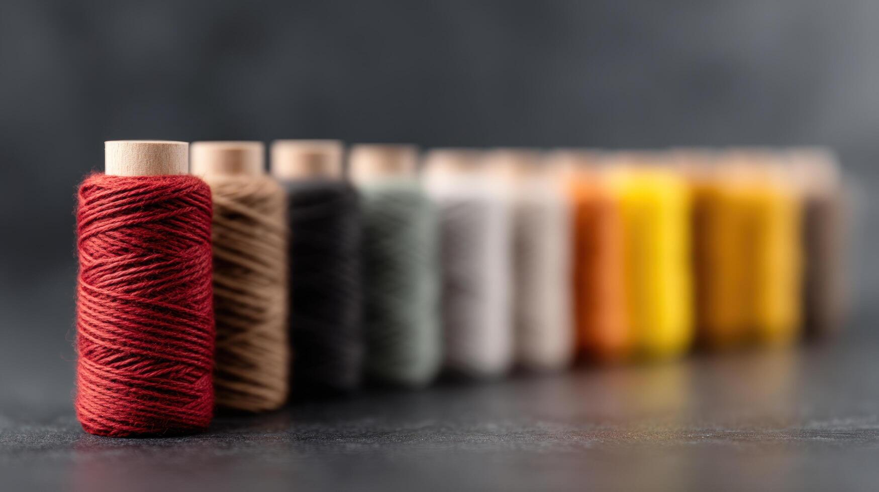 Colorful spools of thread yarn string arranged in a row with selective focus on a red spool craft supplies textile material sewing hobby art handmade photo