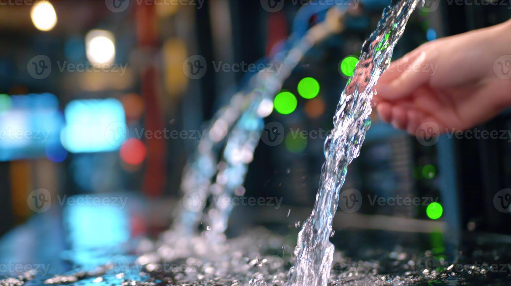 Dynamic water stream flowing with hand interaction against blurred technological background photo