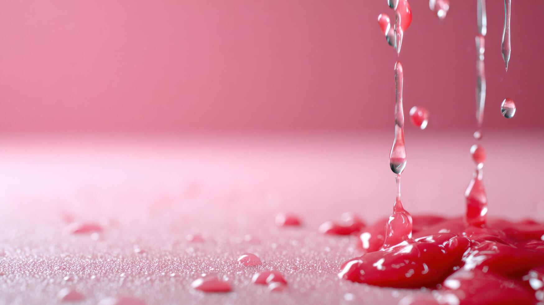Red liquid dripping and splashing on pink surface dynamic fluid motion abstract background with vibrant glossy drops photo