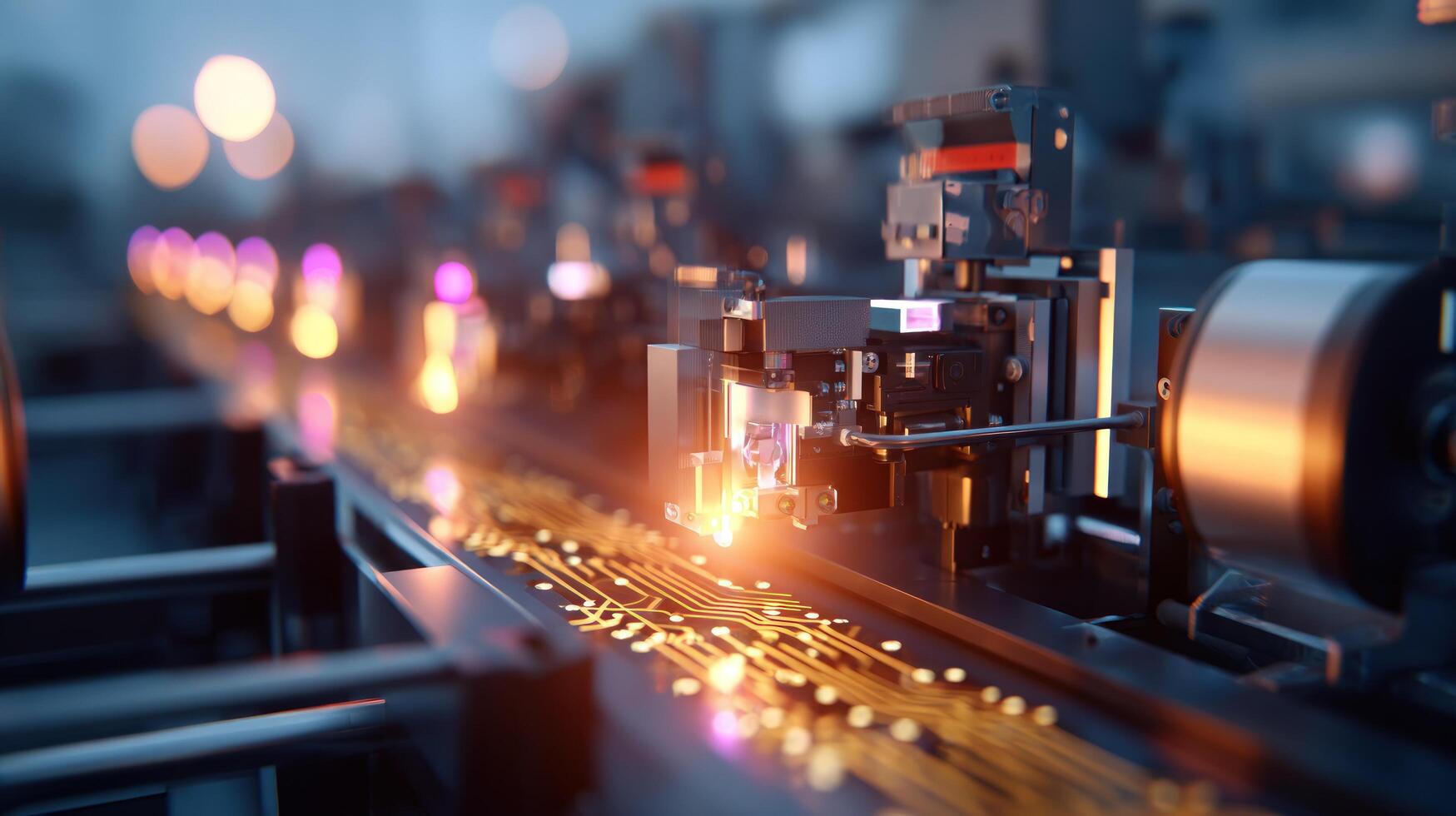 avanzado electrónico circuito tablero fabricación proceso con automatizado maquinaria y brillante datos caminos en un futurista industrial ajuste foto