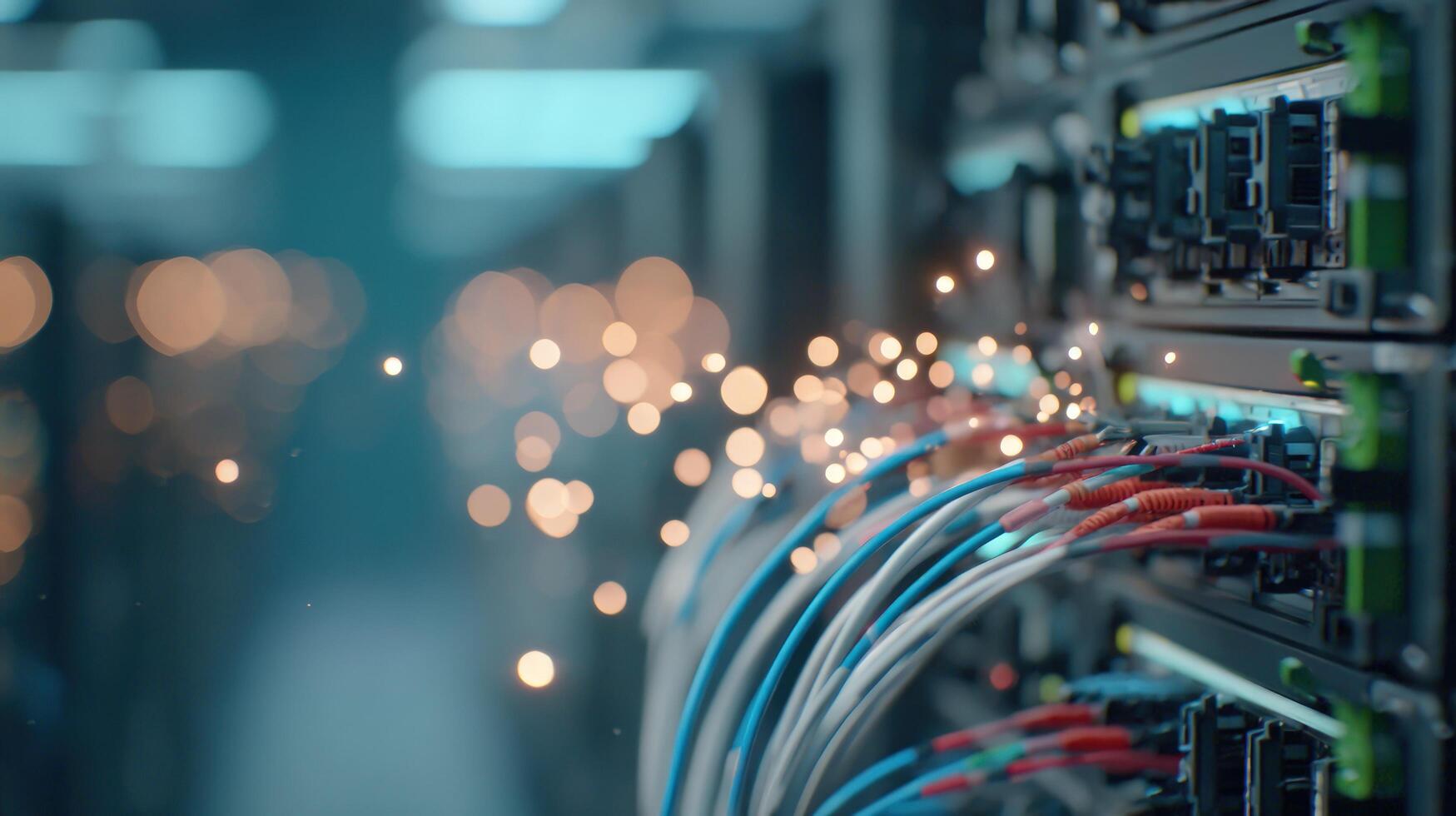 High speed data network connection with fiber optic cables in server room digital information flow and telecommunication technology infrastructure photo