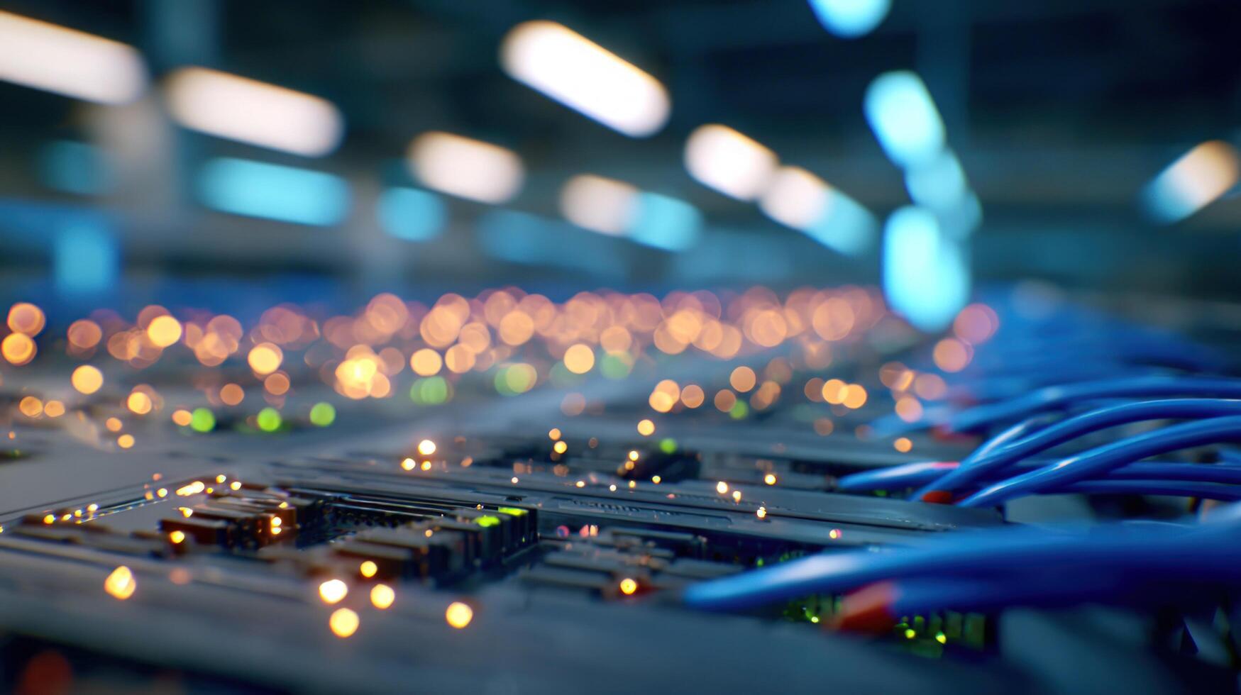 Data center server racks with blue network cables and blinking lights illustrating digital information flow and global internet connectivity infrastructure photo
