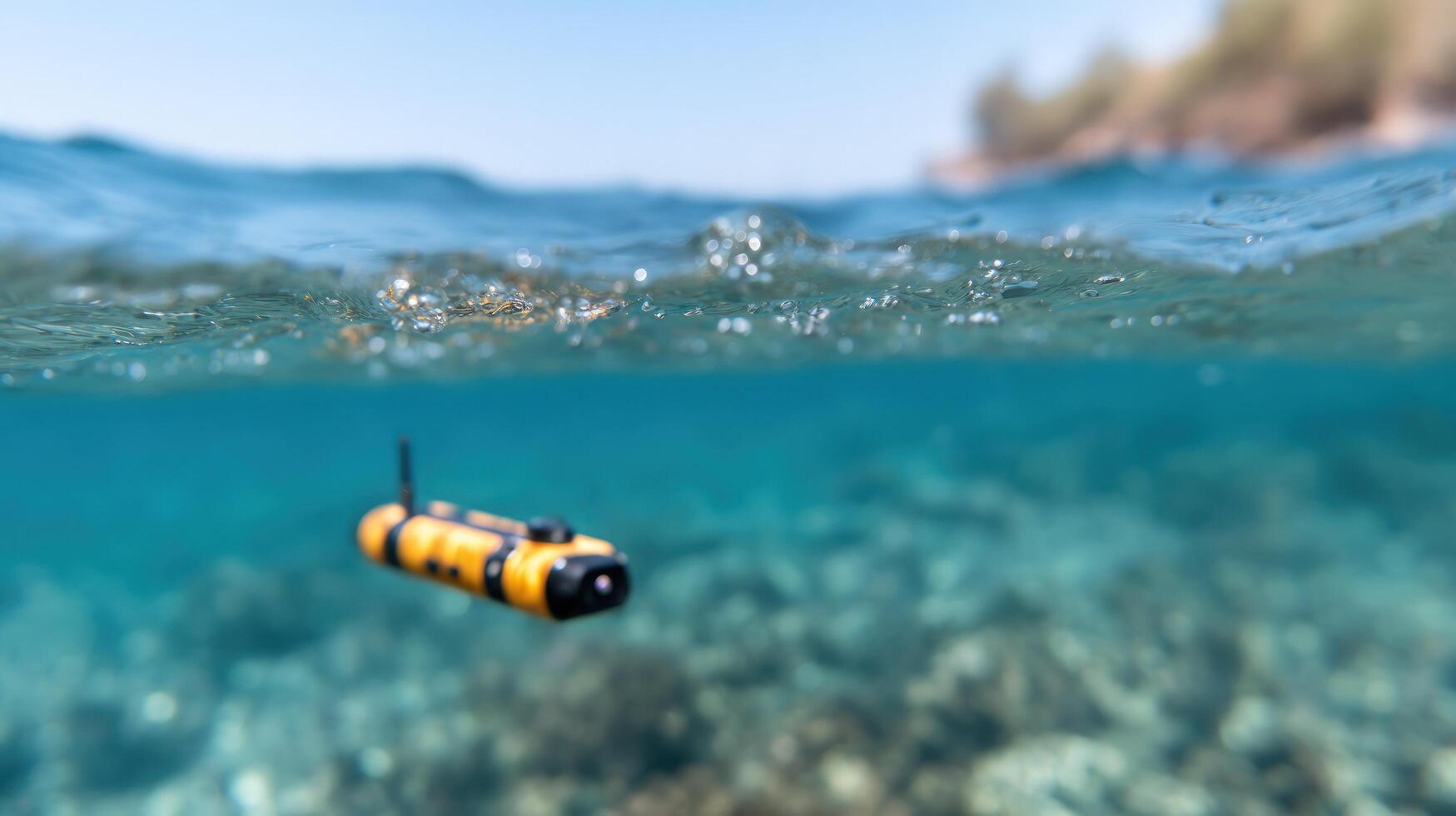 Underwater drone exploring clear ocean waters split view above and below surface technology in marine environment research and exploration photo