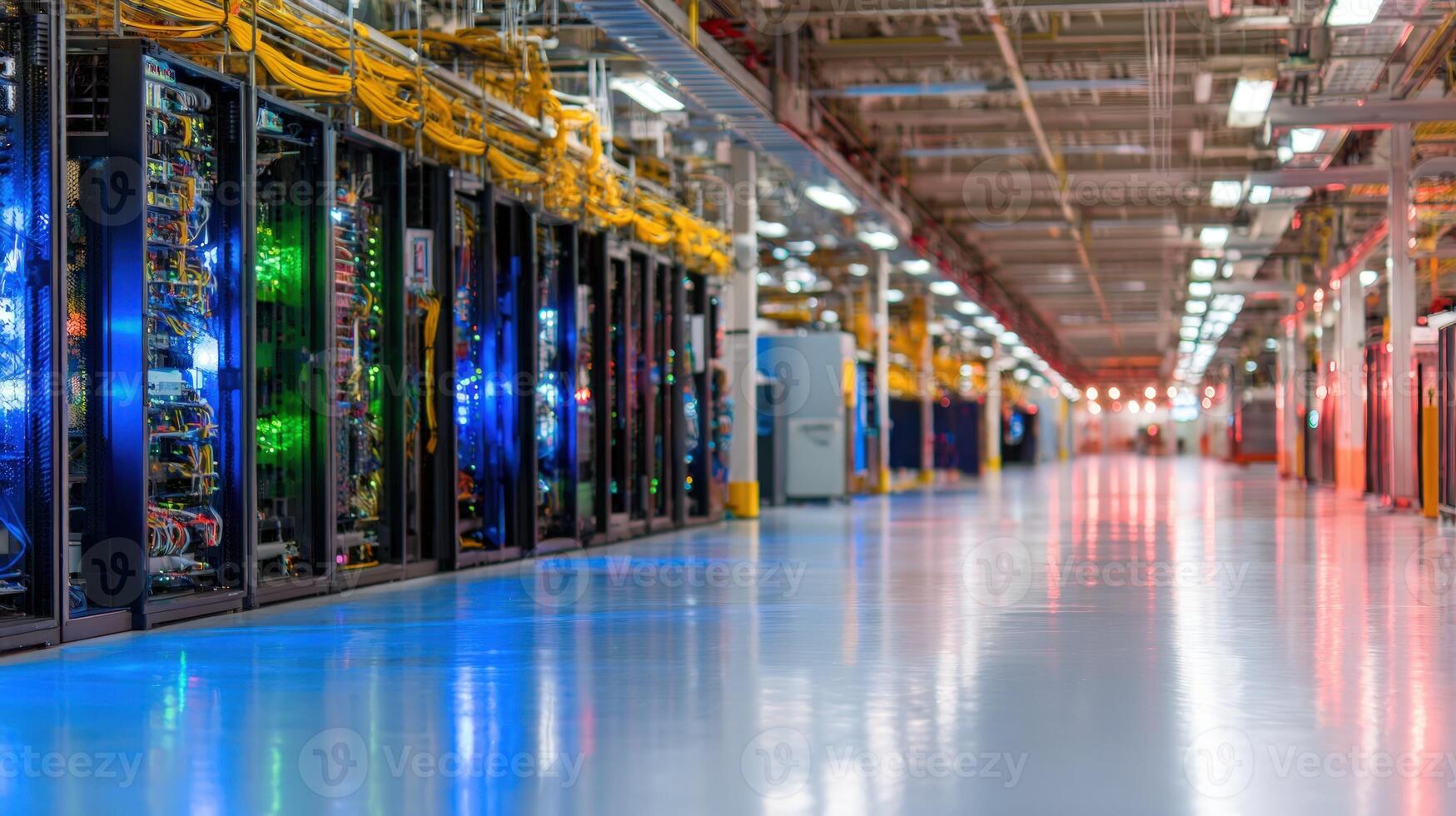 Modern data center server room with rows of racks and blinking lights network infrastructure information technology cloud computing storage photo