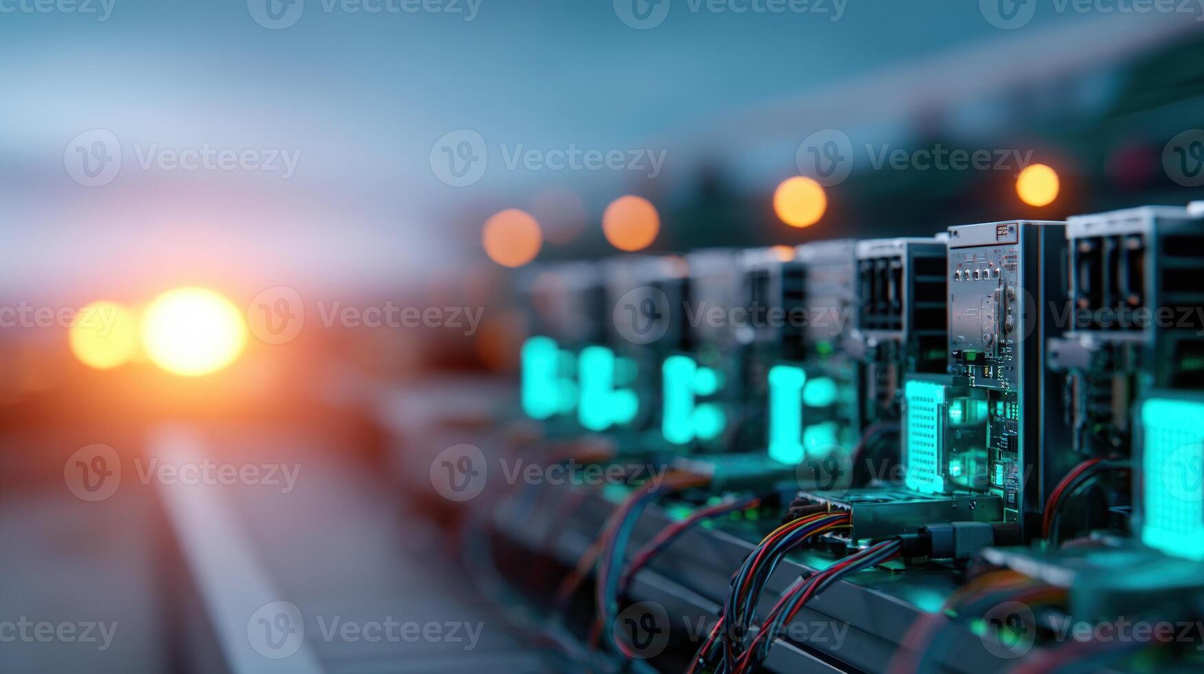 High tech electronic computing devices with illuminated circuits processing data in a digital network environment photo