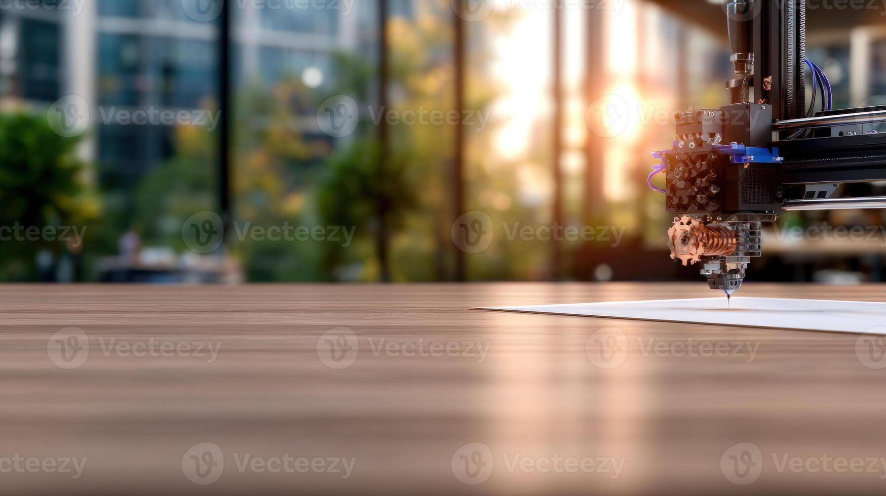 Automated precision machine working on a material surface with intricate detail against a blurred urban background photo