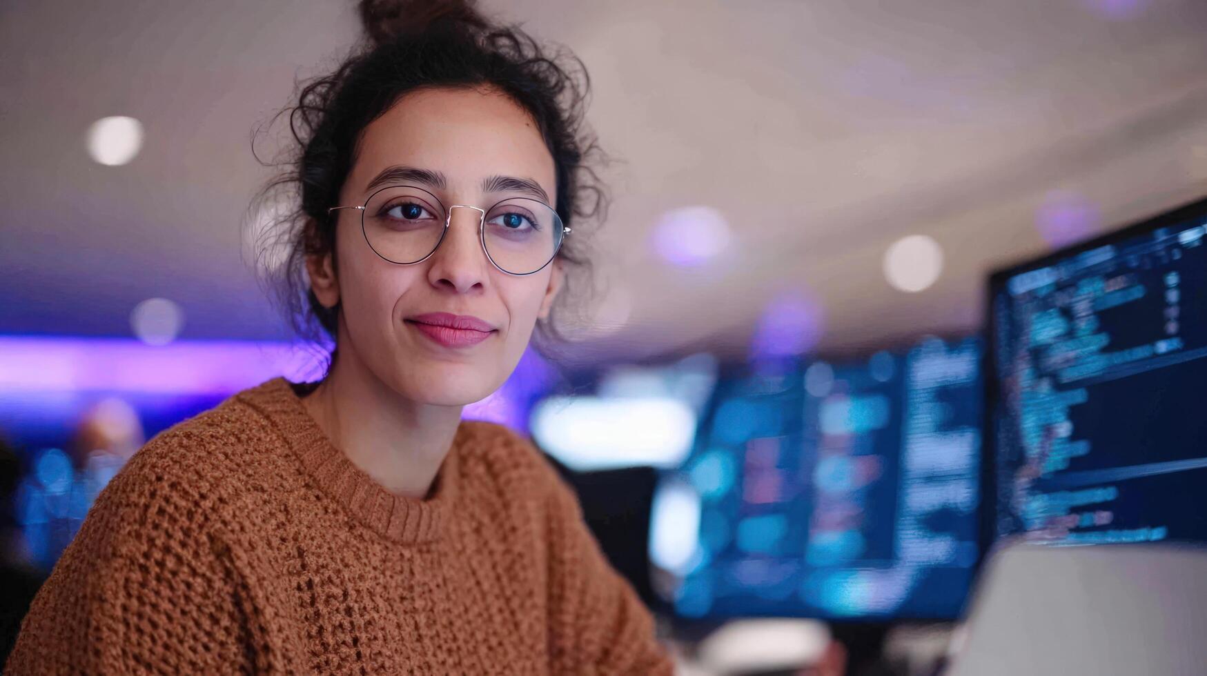 Young woman programmer engineer developer working coding computer screen technology office data science photo