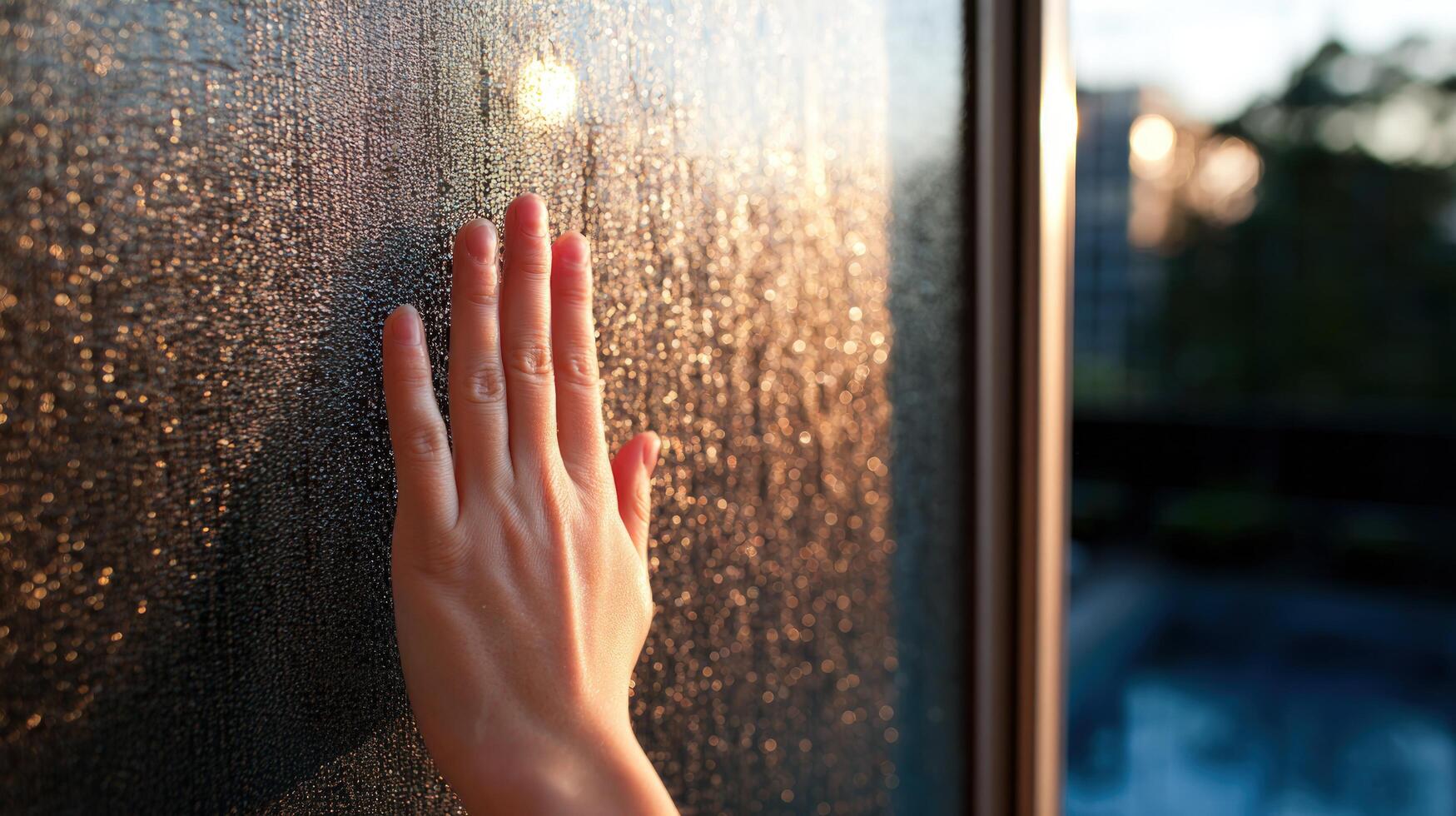 Human hand touching a wet window pane covered in condensation and water drops with warm sunlight creating reflections and abstract patterns photo