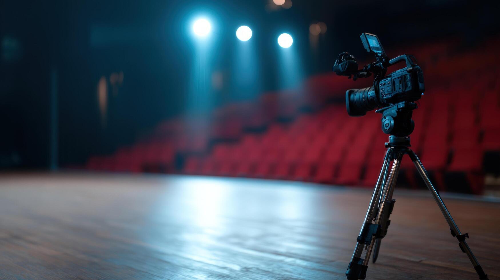 Professional camera on tripod filming empty theater stage with red seats and spotlights photo