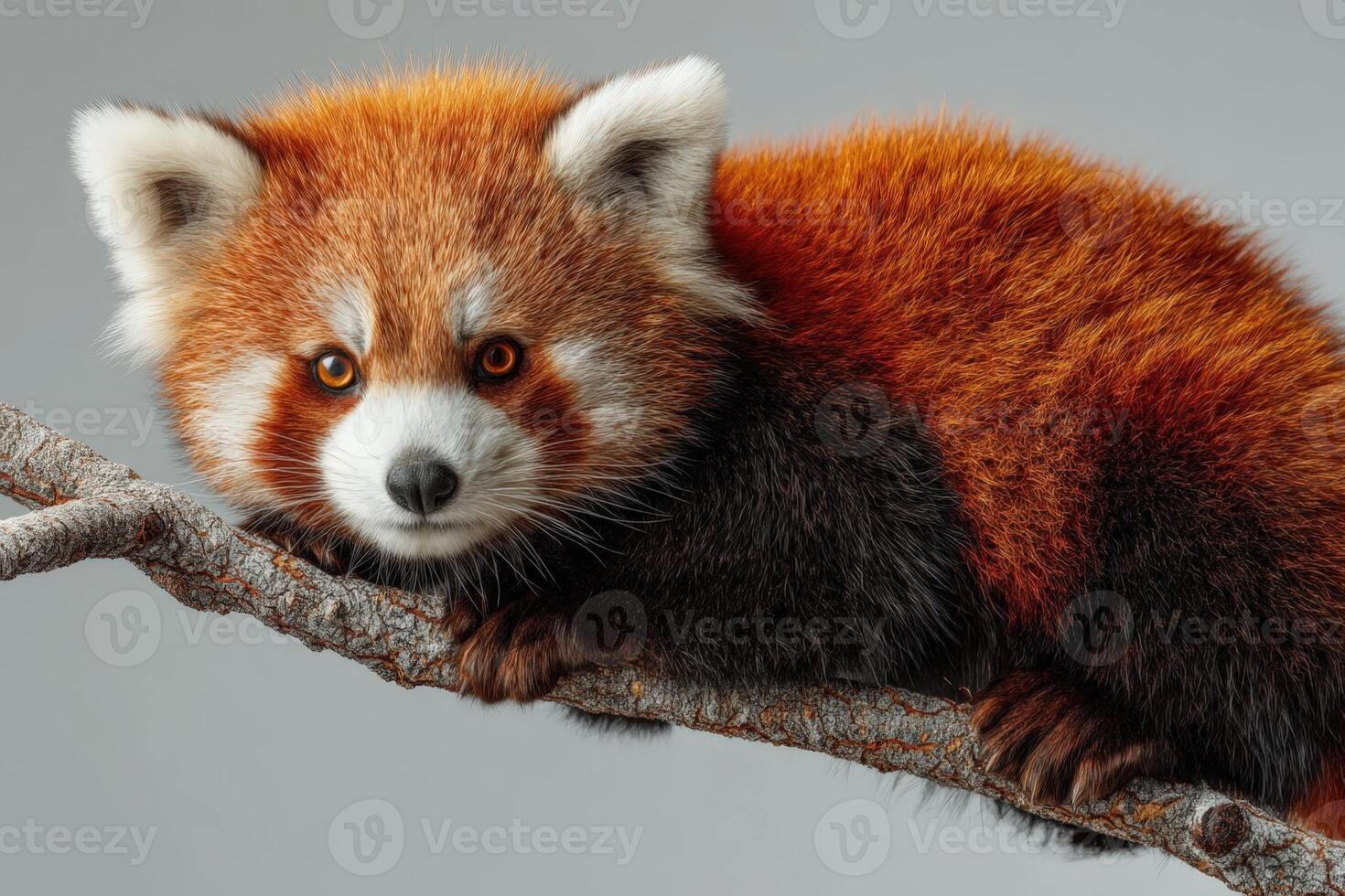 Red panda climbing a tree branch with vibrant fur and curious expression photo
