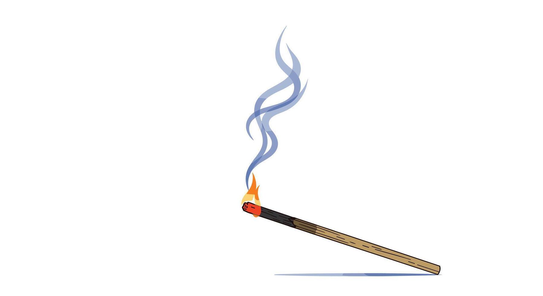 A burning wooden matchstick with a bright orange flame and a swirling wisp of blue smoke, creating a simple yet striking visual on a clean white background. vector