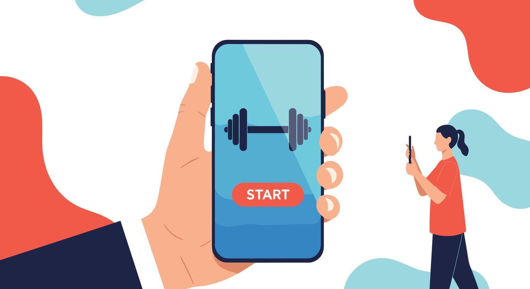 un mano sostiene un teléfono inteligente mostrando un aptitud aplicación con un pesa icono y un comienzo botón, ilustrando digital salud y un sano estilo de vida. vector