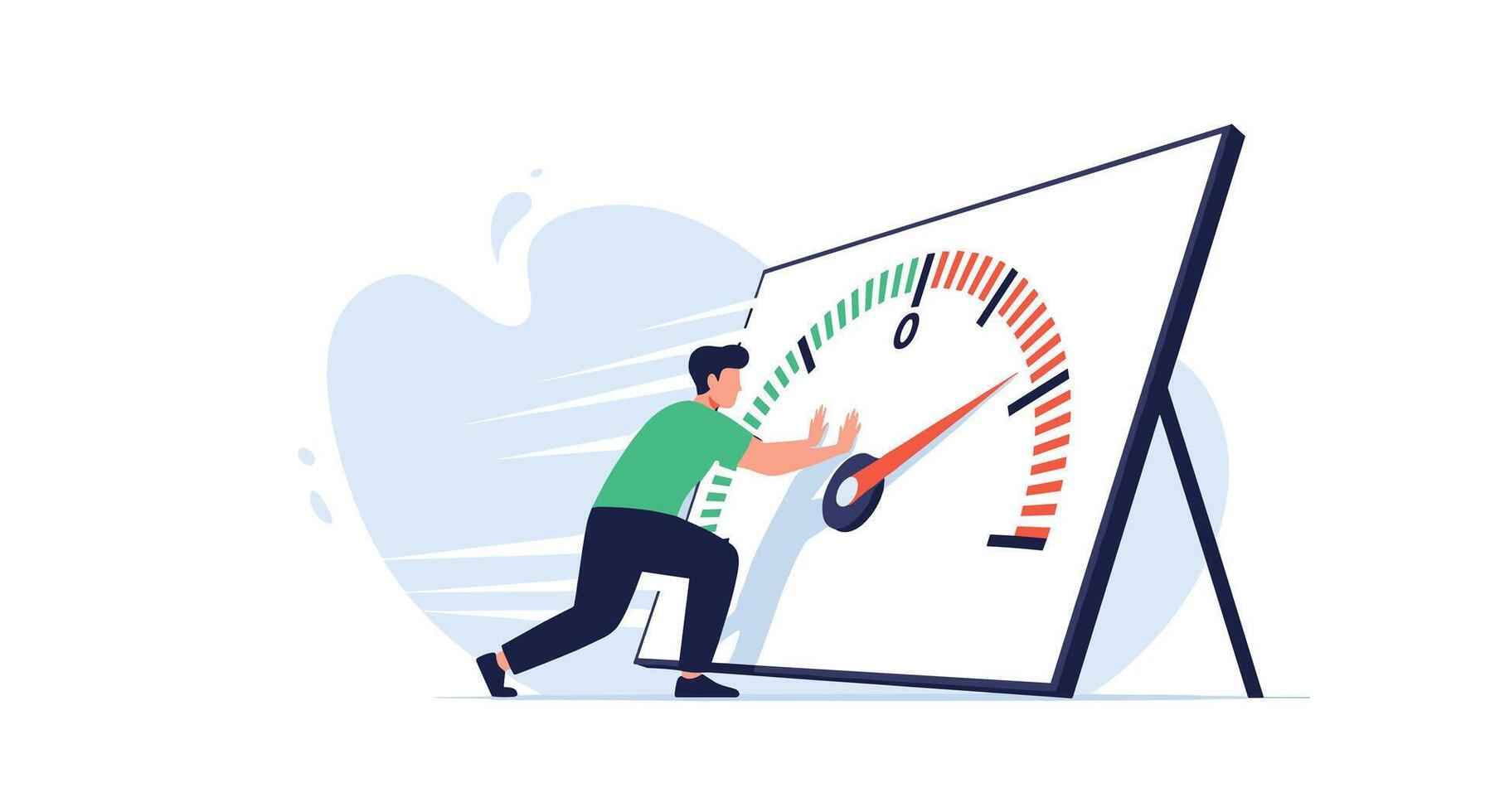 Man pushing a large speedometer to improve performance and drive progress, illustrating effort and optimization. vector