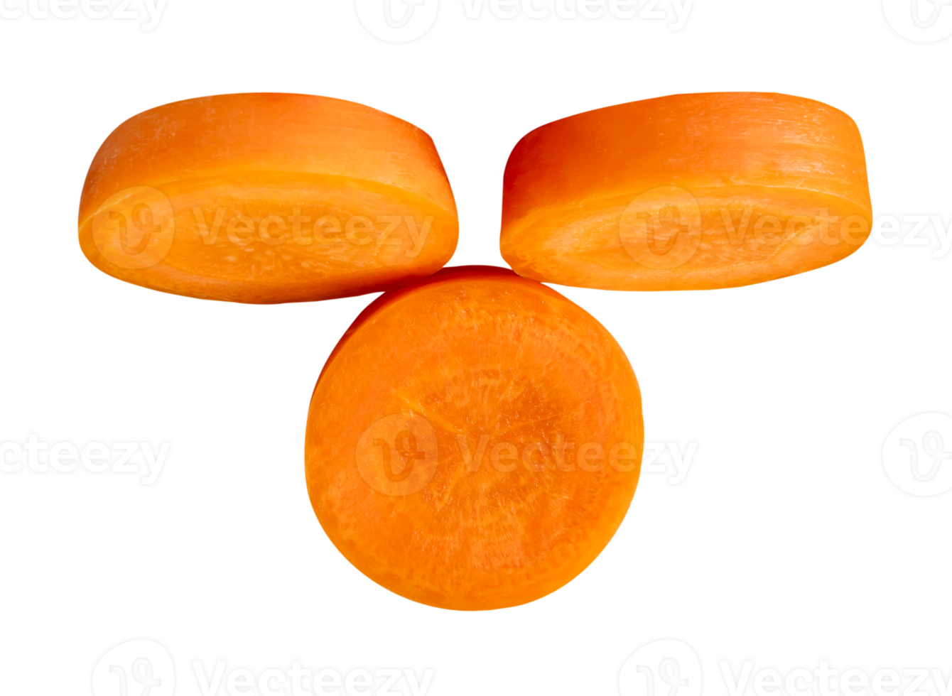 Three slices of orange carrot in circles in stack isolated with clipping path in file format png