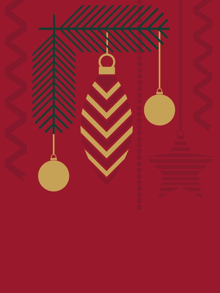 Christmas tree branch with ornaments on red abstract background and space for text. Ideal artwork for holiday banners and invitations vector