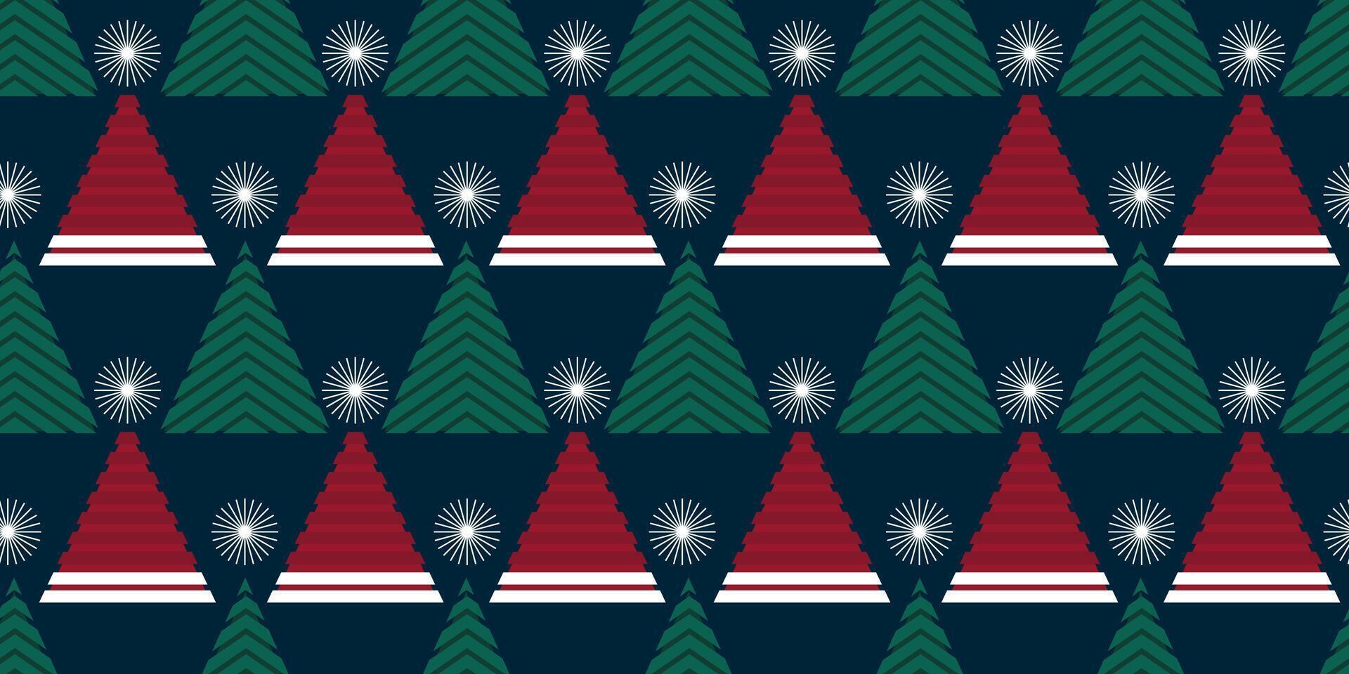 Holiday seamless pattern with triangular Christmas trees and red Santa hats on dark background. Great for textile prints, wrapping paper and festive decor vector