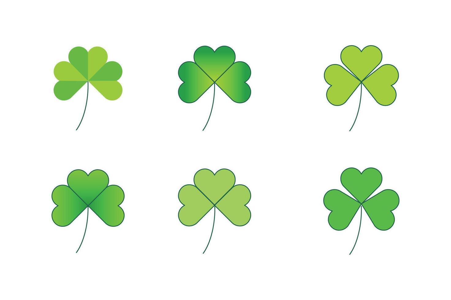Six different shamrock icons with gradients and outline on white background vector